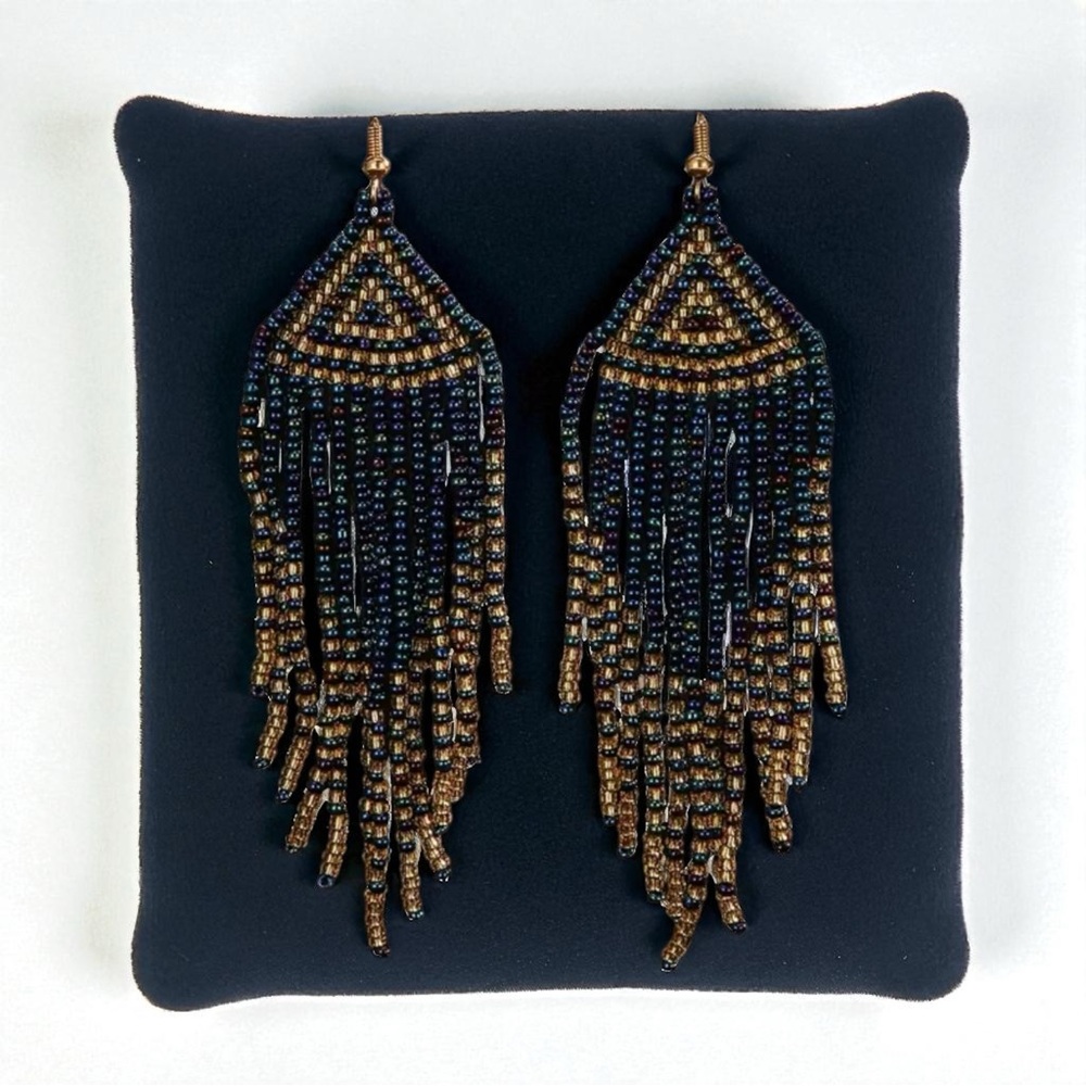 Beaded Fringe Earrings in Midnight Navy and Shimmering Gold. New.